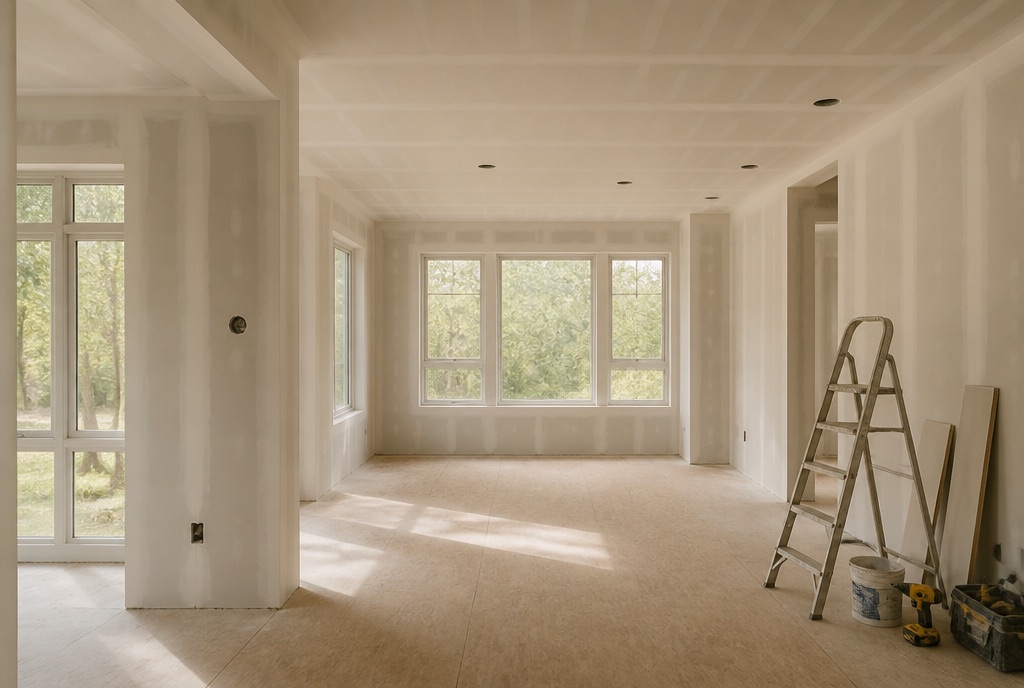 Inside The Bench at drywall stage: fresh board hung and new windows letting in daylight.