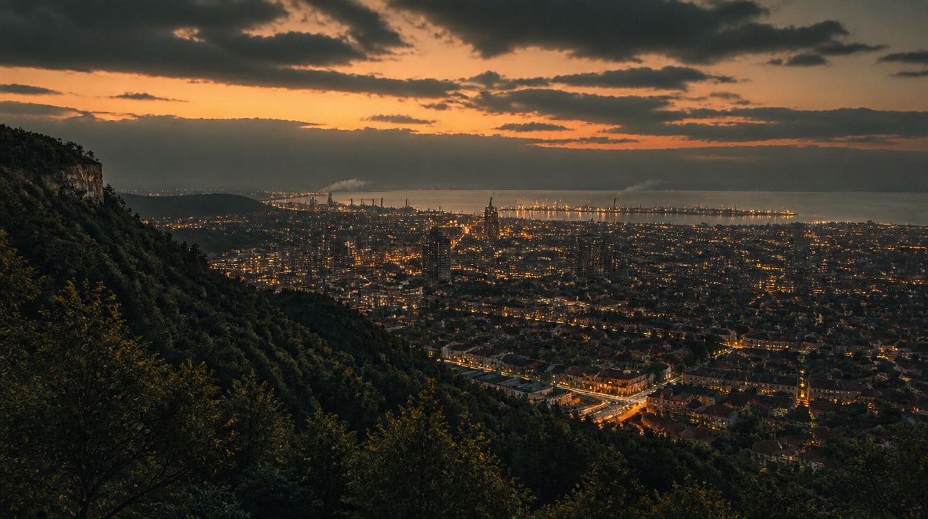 The Niagara Escarpment above Hamilton at dusk, the city settling below