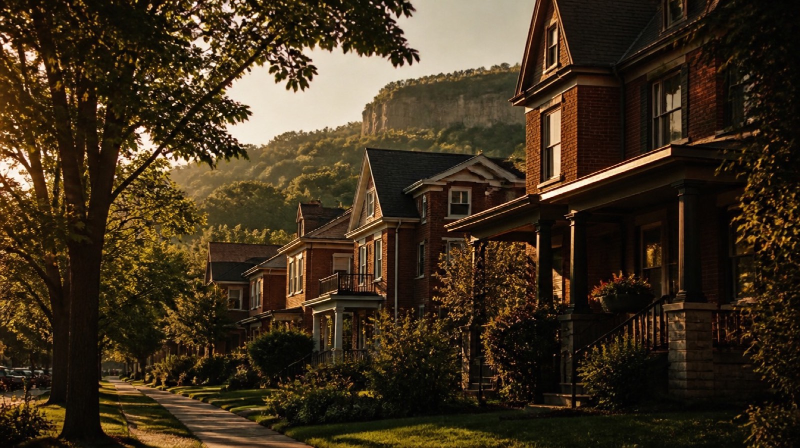 An illustrated Hamilton residential street at golden hour, porches and maples in warm light