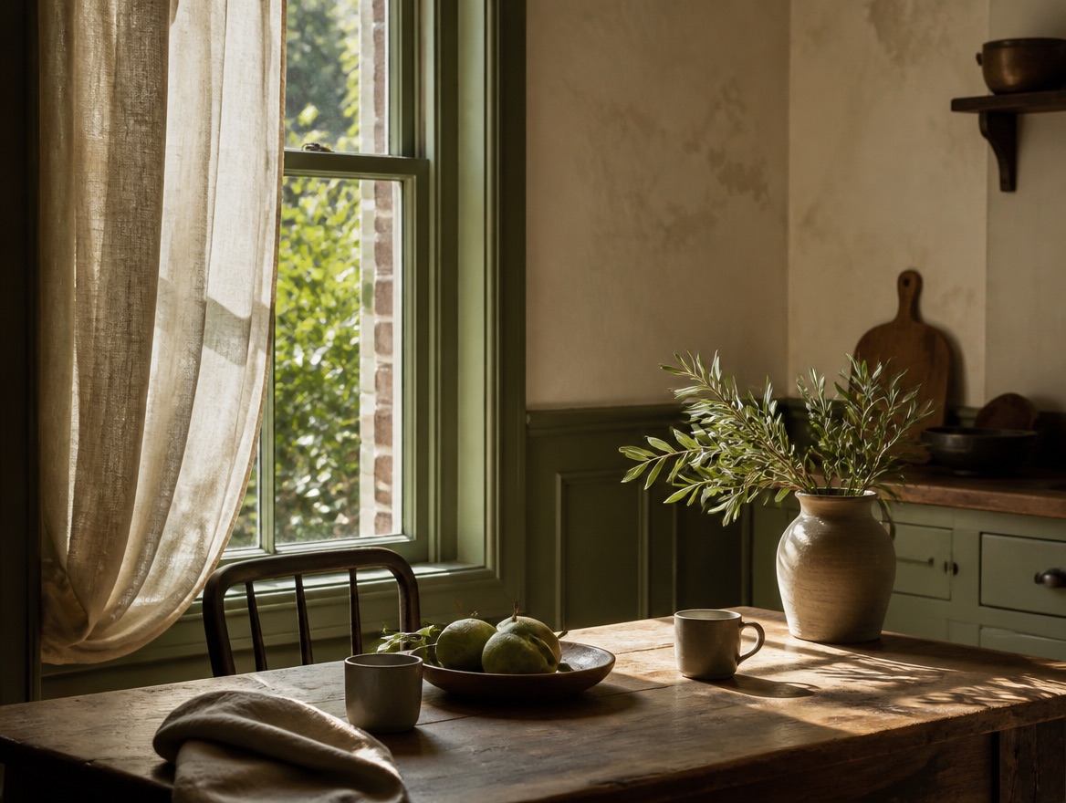 A wooden kitchen table set in warm light, the centre of a home